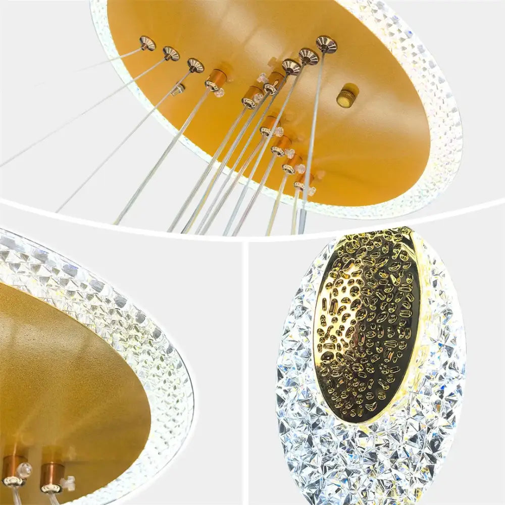 Gold-toned DecorBites modern 3-layer LED chandelier pendant light with circular led rings and crystal acrylic accents
