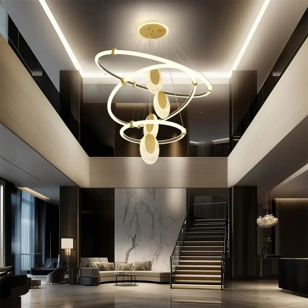DecorBites™ modern 3-layer led chandelier pendant light with gold-toned circular led rings and acrylic accents