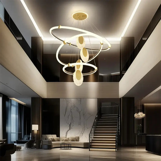 DecorBites™ modern 3-layer led chandelier pendant light with gold-toned circular led rings and acrylic accents