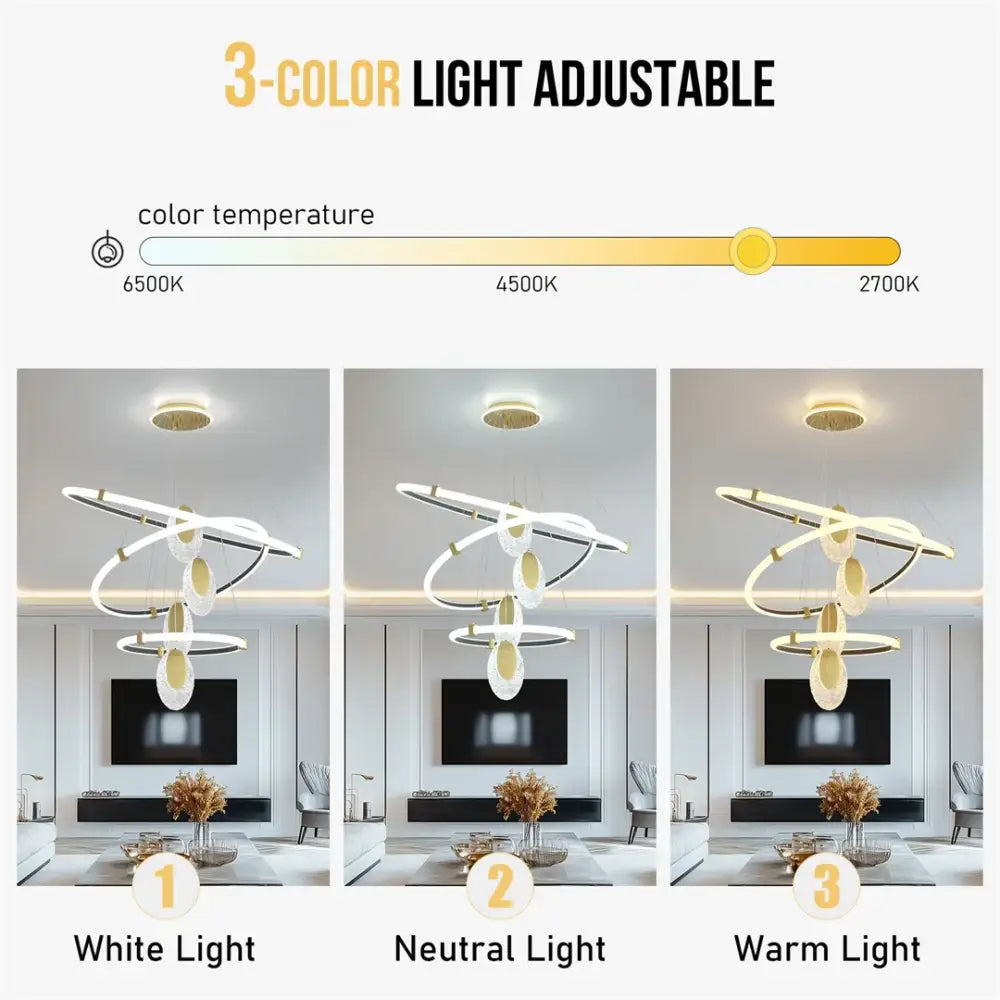 DecorBites™ modern 3-layer LED chandelier pendant light with sleek circular LED rings and acrylic accents in metallic finish