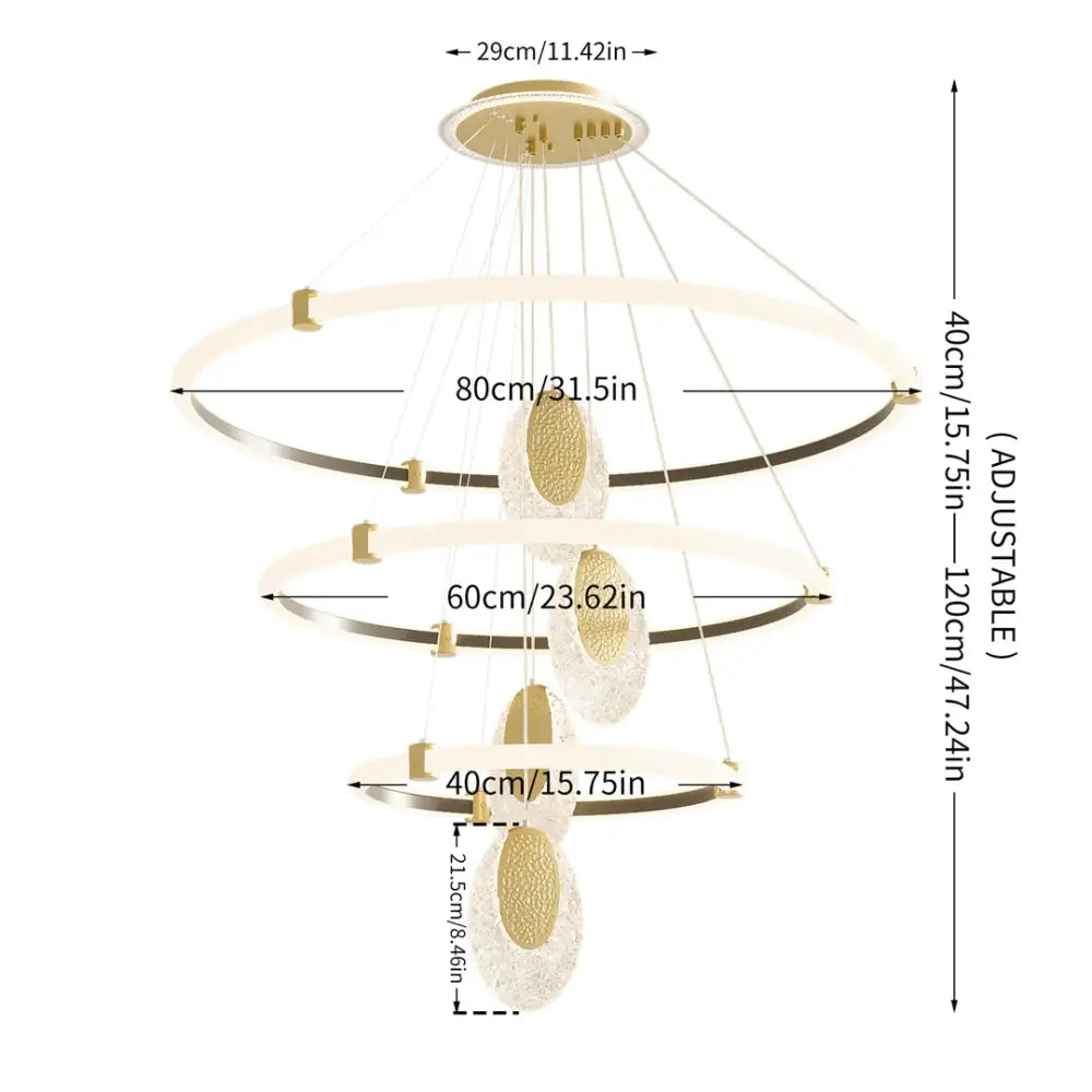 Decorbites modern 3-layer led chandelier pendant light with three circular led rings and acrylic accents in gold and white