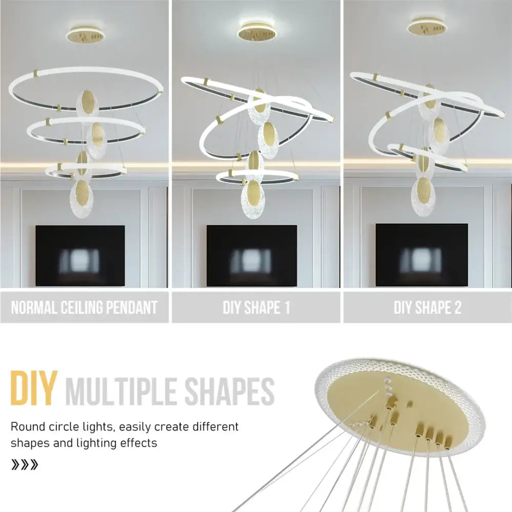 DecorBites™ modern 3-layer white and gold led rings chandelier pendant light with customizable diy acrylic accents circular led rings