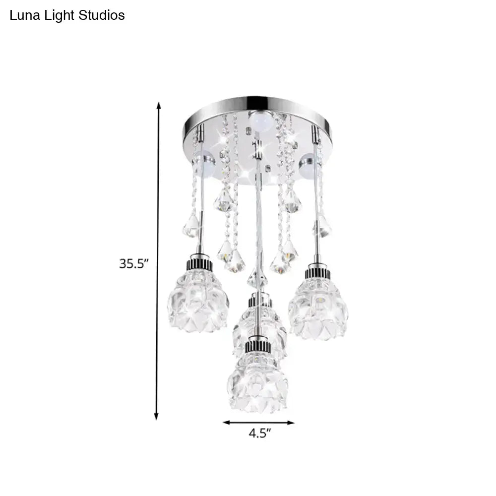 Decorbites modern 4-head chrome pendant light with crystal shades and teardrop crystals compatible with 220v-240v 110v-120v