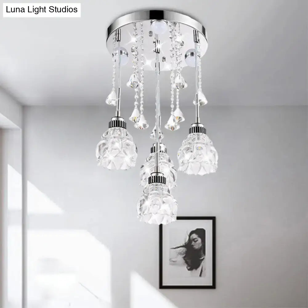 Decorbites modern 4-head pendant light with polished chrome base and faceted crystal shade for 220v-240v 110v-120v use