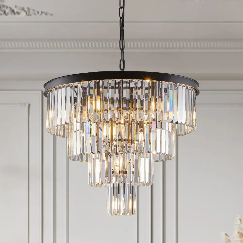 Elegant decorbites™ modern 4-tier black crystal chandelier with a black metal frame and cascading clear glass prisms