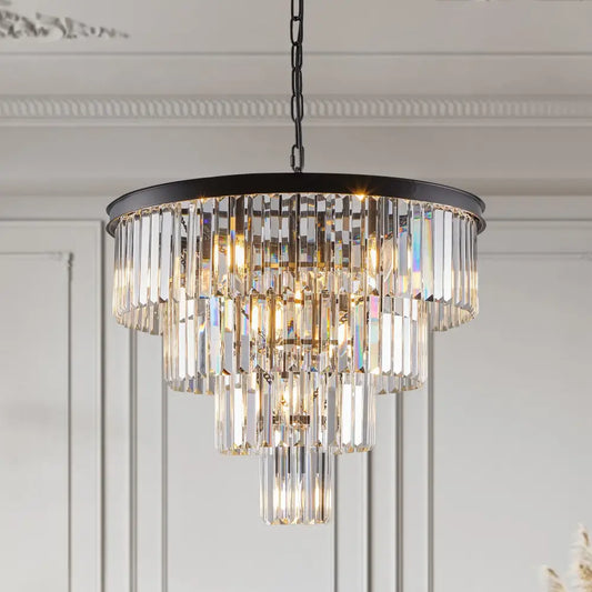 Elegant decorbites™ modern 4-tier black crystal chandelier with a black metal frame and cascading clear glass prisms