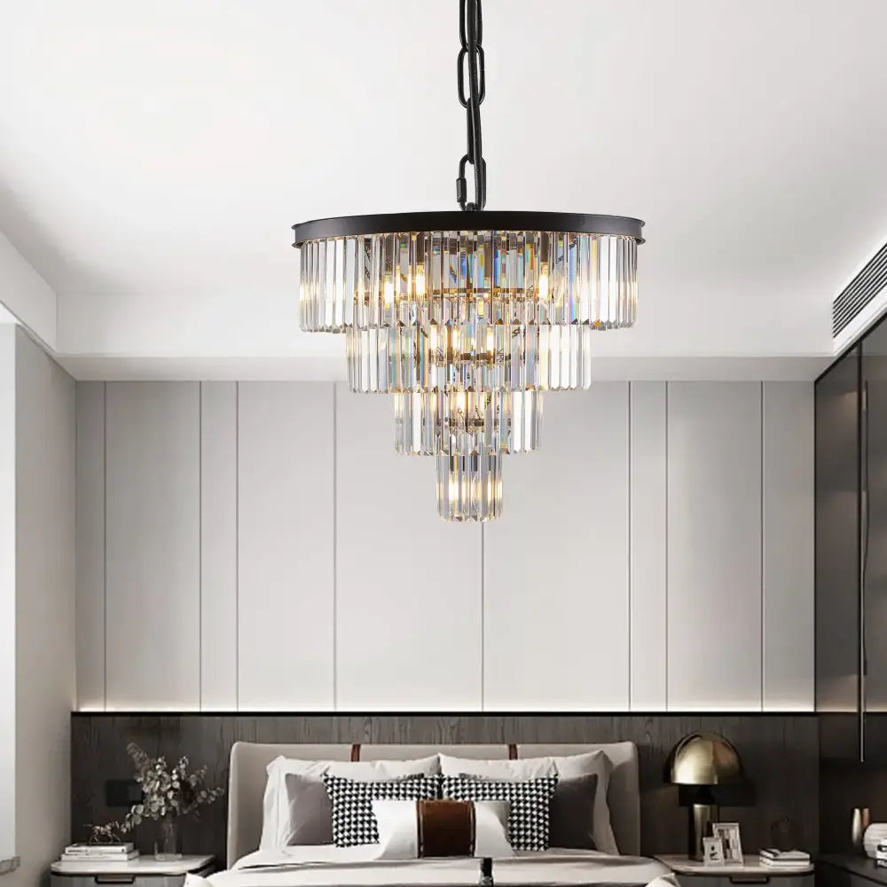 DecorBites™ modern 4-tier black crystal chandelier with cascading tiers of clear crystal prisms in black metal