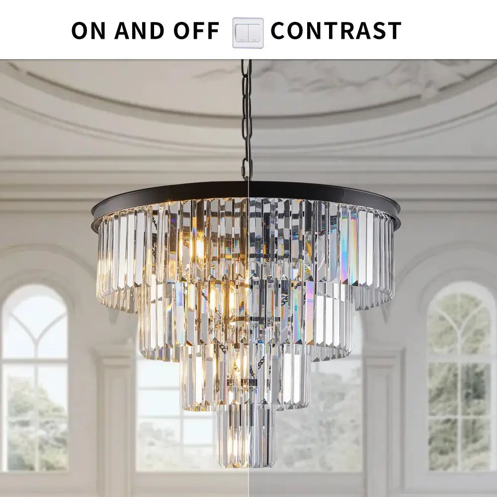 DecorBites modern 4-tier black crystal chandelier with cascading tiers of clear crystal prisms in black metal frame