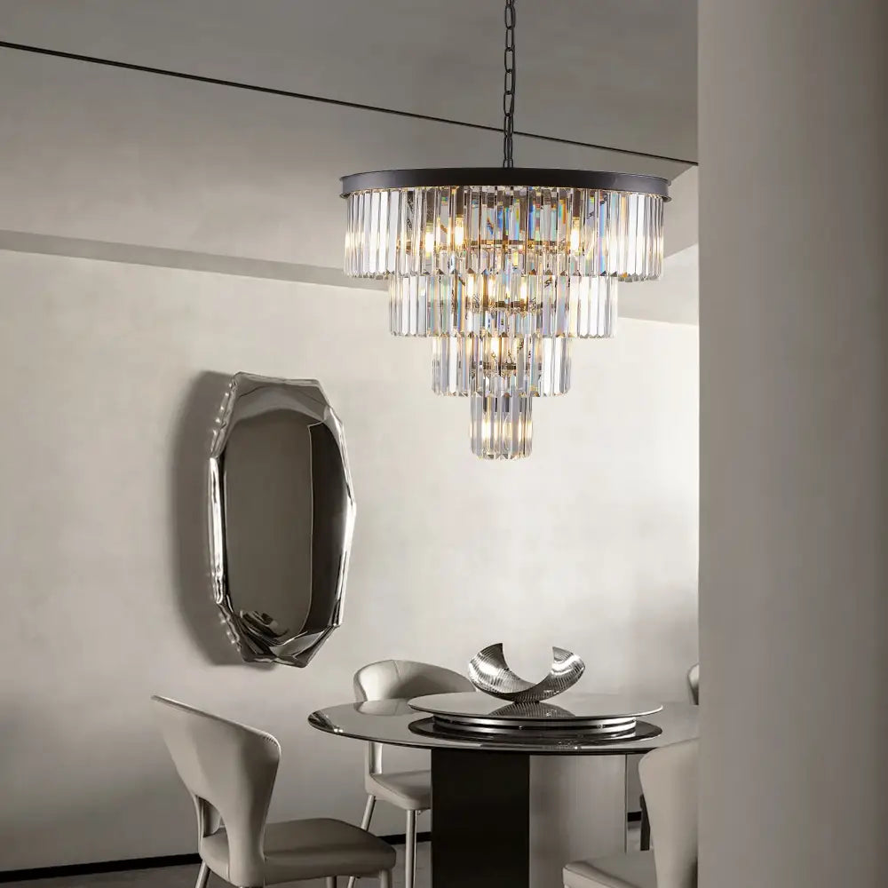 DecorBites™ modern 4-tier black crystal chandelier with dark metal frame and cascading vertical glass prisms