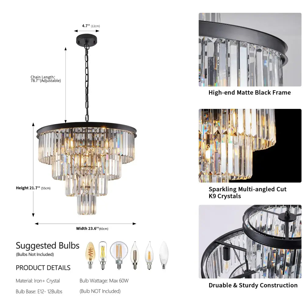 Decorbites modern 4-tier black crystal chandelier with sparkling k9 crystals and a matte black frame
