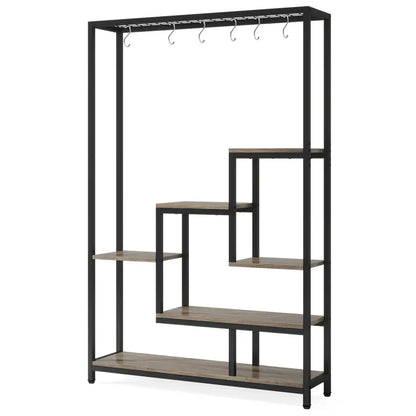 Decorbites™ modern 5-tier tall metal plant stand with black frame and gray wood-toned shelves and hooks for plant shelf use
