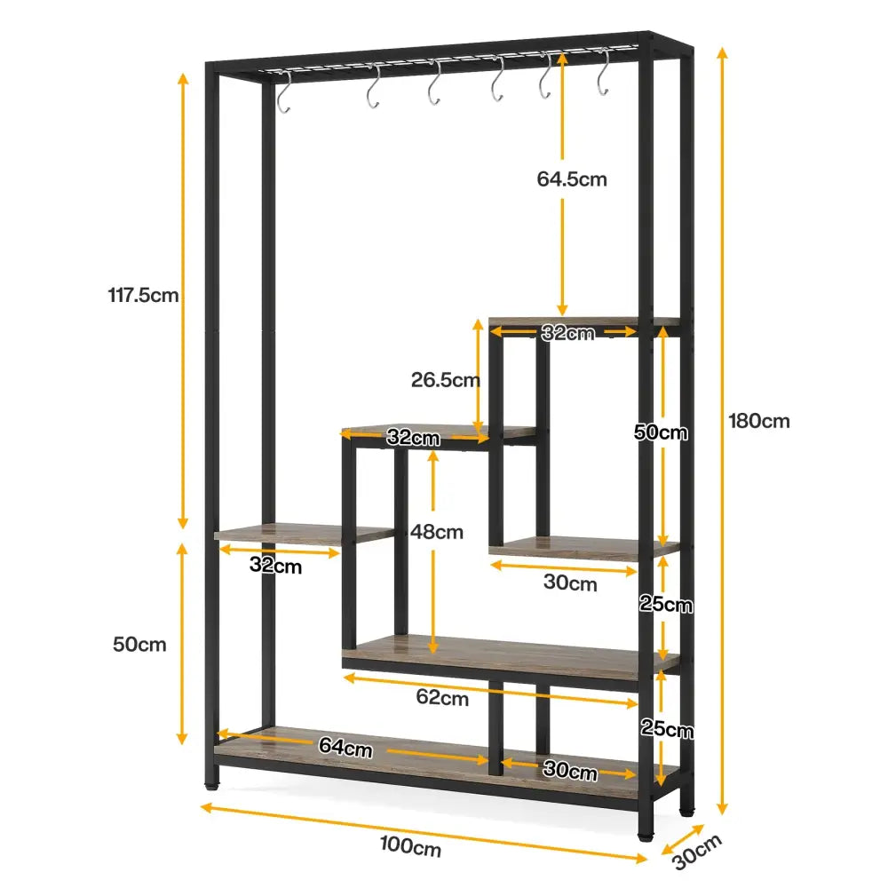 Black metal frame plant stand with wooden shelves and hooks designed as a modern multi-level metal plant shelf
