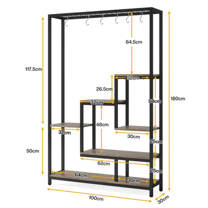 Black metal frame plant stand with wooden shelves and hooks designed as a modern multi-level metal plant shelf