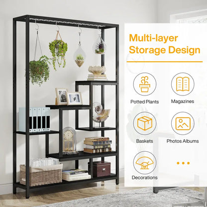 Decorbites™ modern black metal plant stand with five tiers, multi-layer shelves, and hanging planters for display