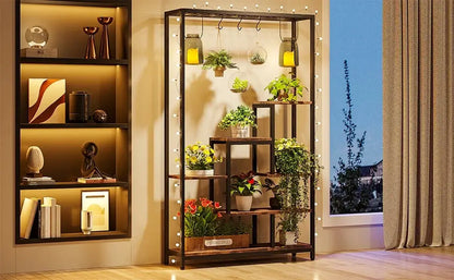 Decorbites™ modern 5-tier tall black metal plant stand with string lights and multiple potted plants on each shelf