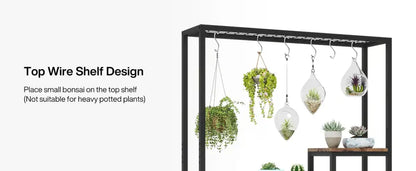 Decorbites™ modern 5-tier tall black metal plant stand with wire shelves holding hanging glass terrariums and potted succulents