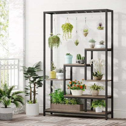 Decorbites™ modern 5-tier tall black metal and wood plant stand with multiple shelves holding various potted plants