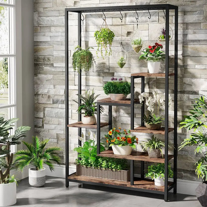 Decorbites modern 5-tier tall metal plant stand in black metal and wood featuring multiple shelves and hanging hooks