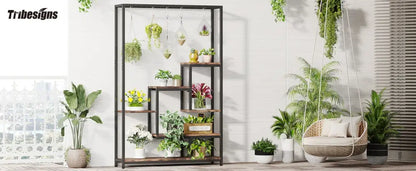DecorBites™ modern 5-tier tall black metal and wood plant stand with multiple shelves for potted plants display