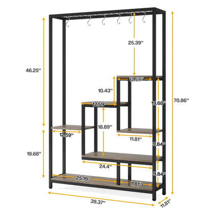 Decorbites modern 5-tier tall metal plant stand with black metal frame wood-toned shelves and top hooks for hanging clothes