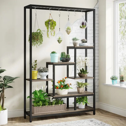 Decorbites modern black metal and wood 5-tier tall plant stand with hanging planters and metal plant shelves