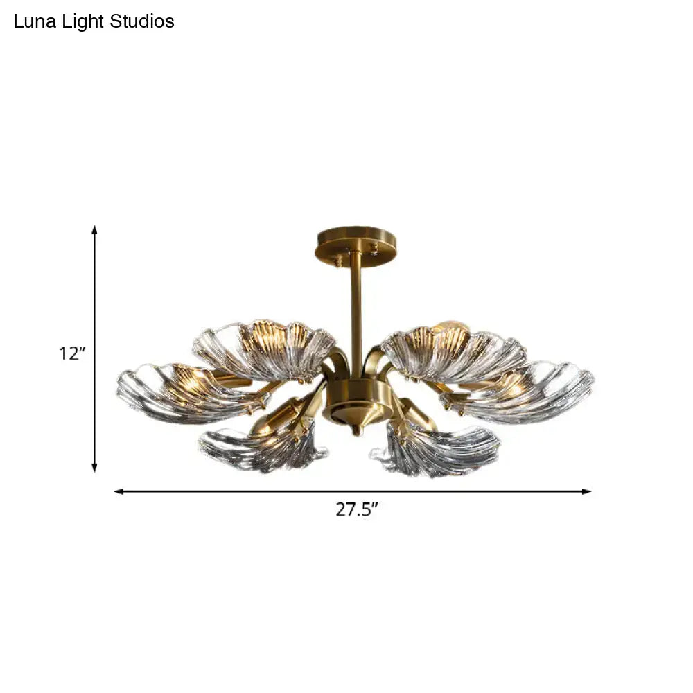 Decorbites modern 6-bulb shell glass ceiling light in brass with five leaf-shaped shades compatible with led incandescent fluorescent 220v-240v 110v-120v