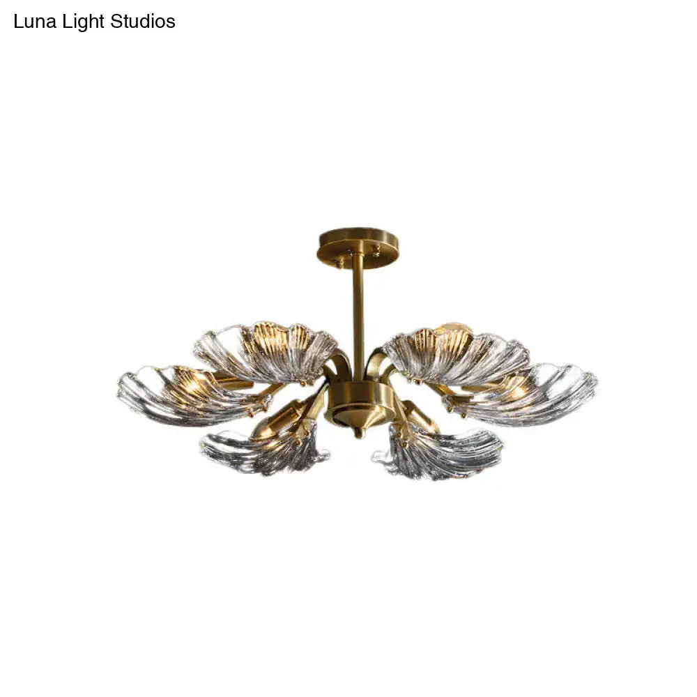 Decorbites modern 6-bulb shell glass ceiling light in brass with petal-shaped shades, compatible with led incandescent fluorescent 220v-240v 110v-120v