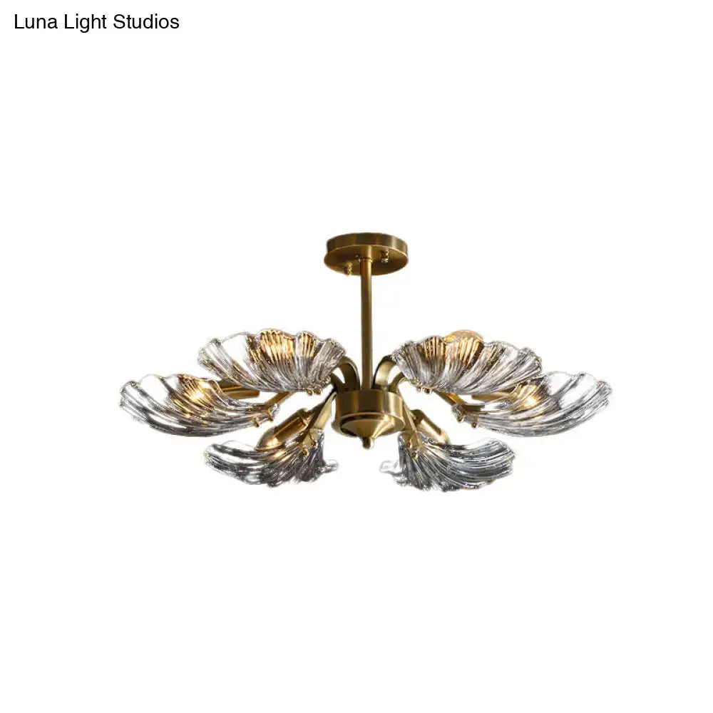 Gold-toned brass decorbites modern 6-bulb shell glass ceiling light with translucent petal shades compatible with led incandescent fluorescent 220v-240v 110v-120v