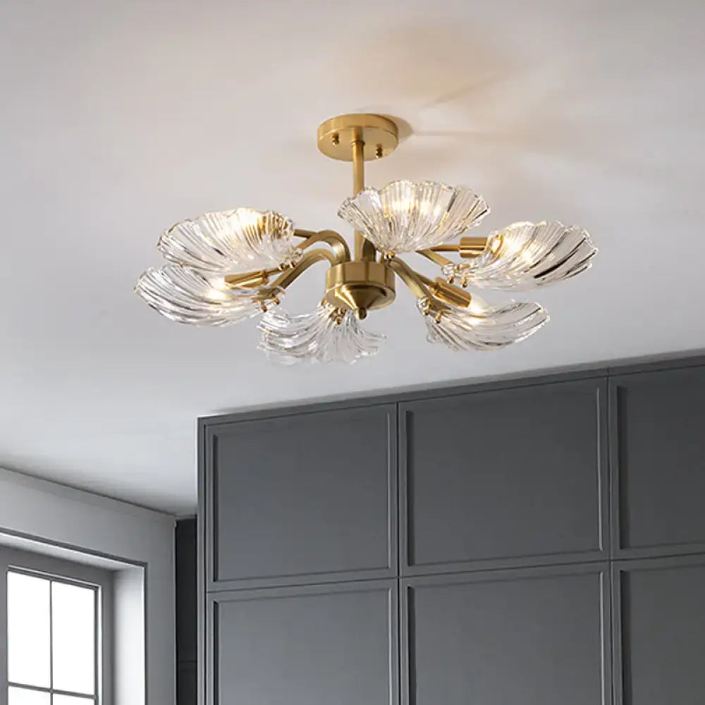 Decorbites™ modern 6-bulb shell glass ceiling light in brass with five clear leaf-shaped glass shades compatible with led incandescent fluorescent 220v-240v 110v-120v