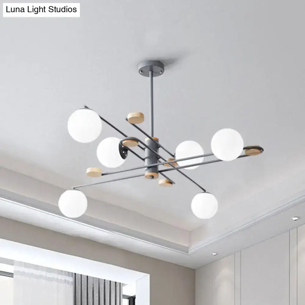 Decorbites modern 6-head black grey chandelier with frosted glass shade and wood accents for living room lighting