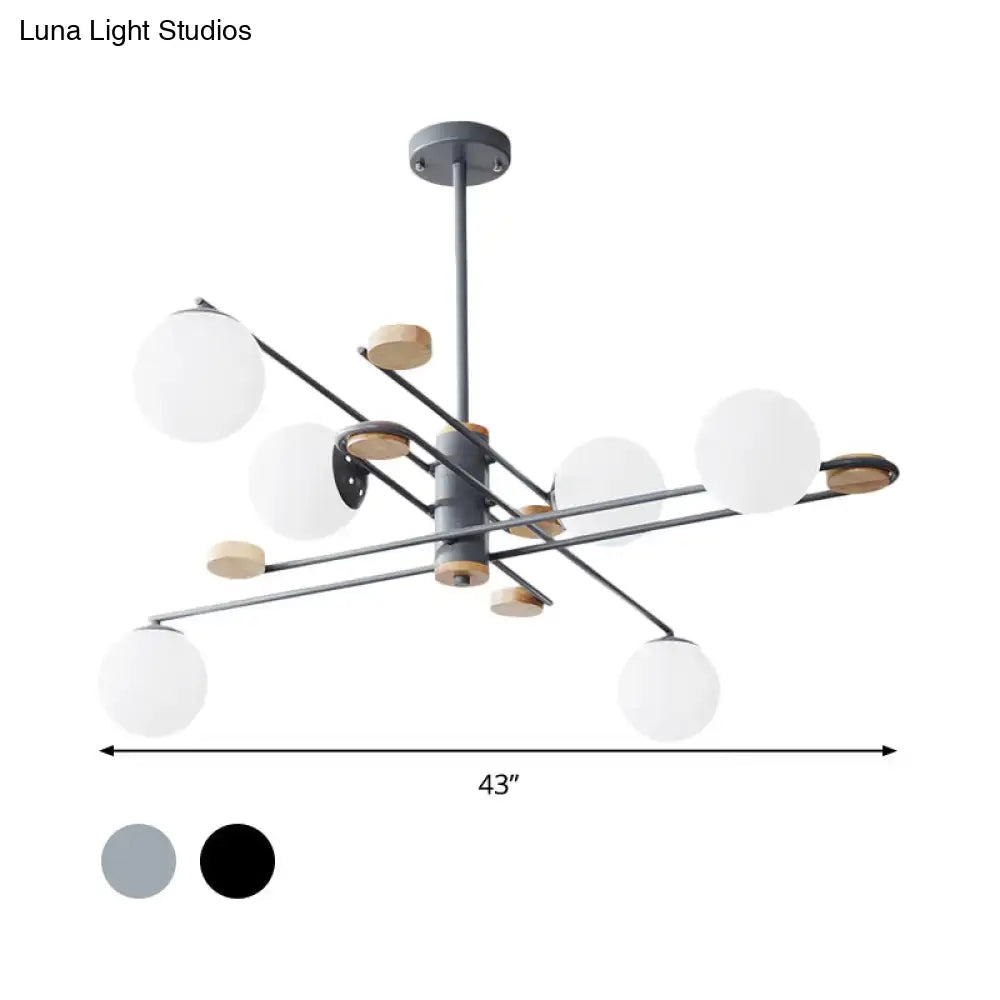 DecorBites™ modern 6-head black grey chandelier with matte black metal and wooden accents featuring frosted glass shades for living room