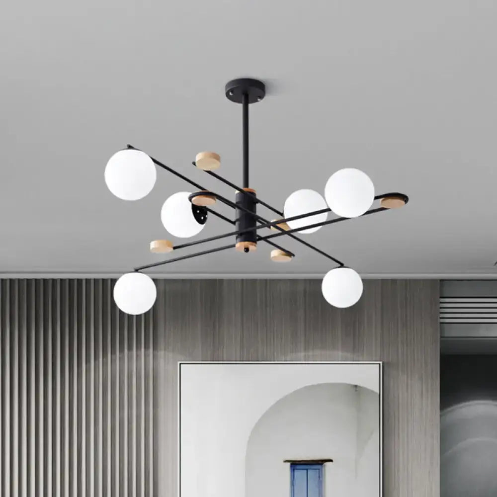 DecorBites™ modern black metal chandelier with six frosted glass shades and wooden accents for living room lighting