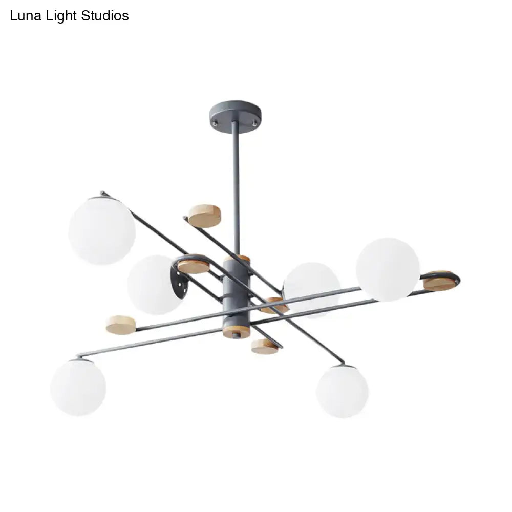 DecorBites™ modern 6-head black chandelier with matte metal arms wooden accents and frosted glass shades for living room