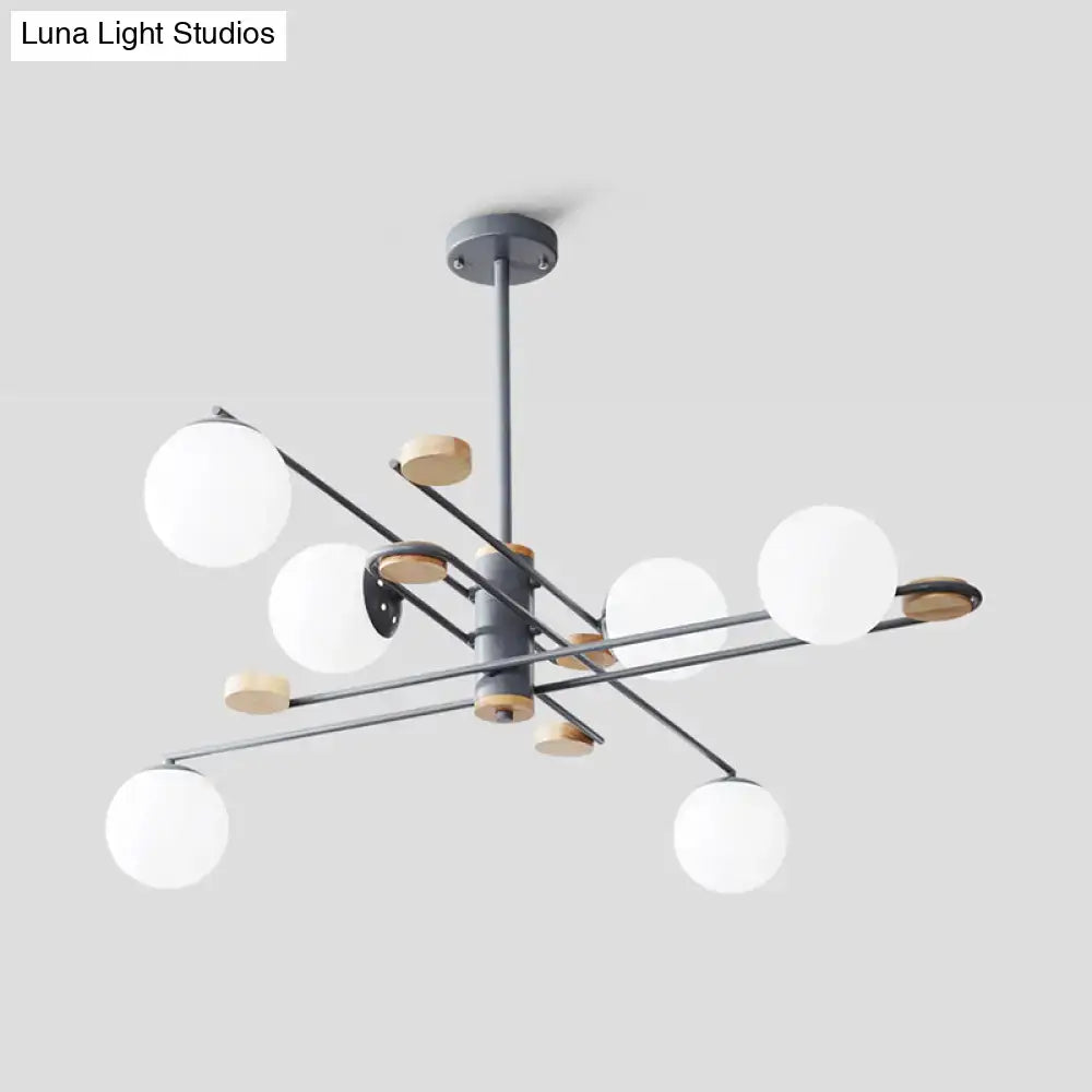 Decorbites modern 6-head chandelier with matte gray metal frame wooden accents and frosted glass shades for living room