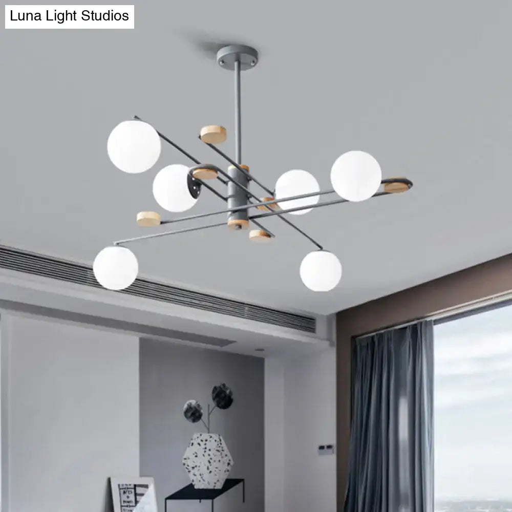 DecorBites™ modern 6-head black and grey living room chandelier with frosted glass shade and wood-tone accents