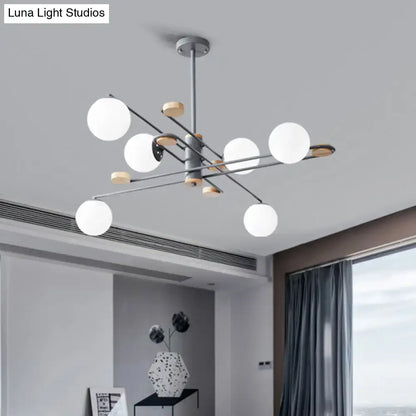 DecorBites™ modern 6-head black and grey living room chandelier with frosted glass shade and wood-tone accents
