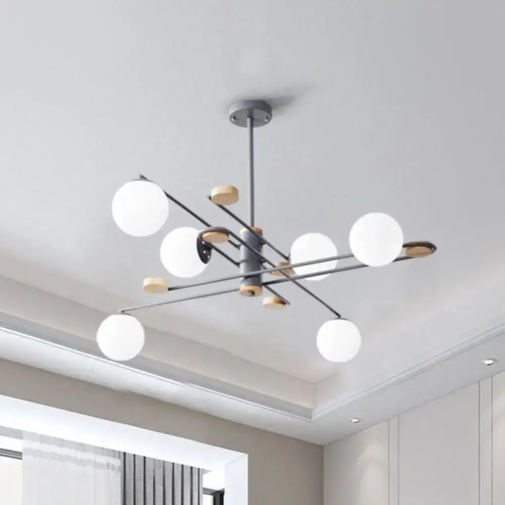 Decorbites modern 6-head black grey chandelier with frosted glass shades and wooden accents for living room lighting