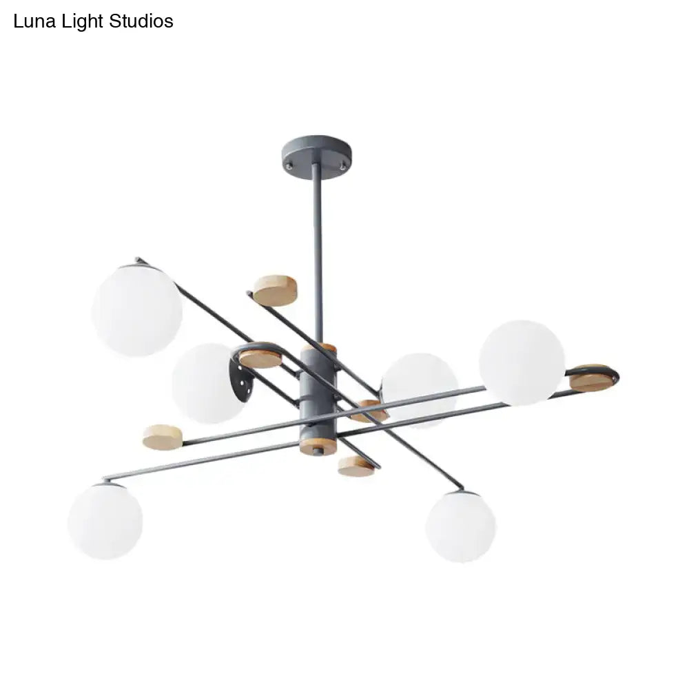 DecorBites modern 6-head black grey chandelier with matte black metal arms wooden accents and frosted glass shade for living room