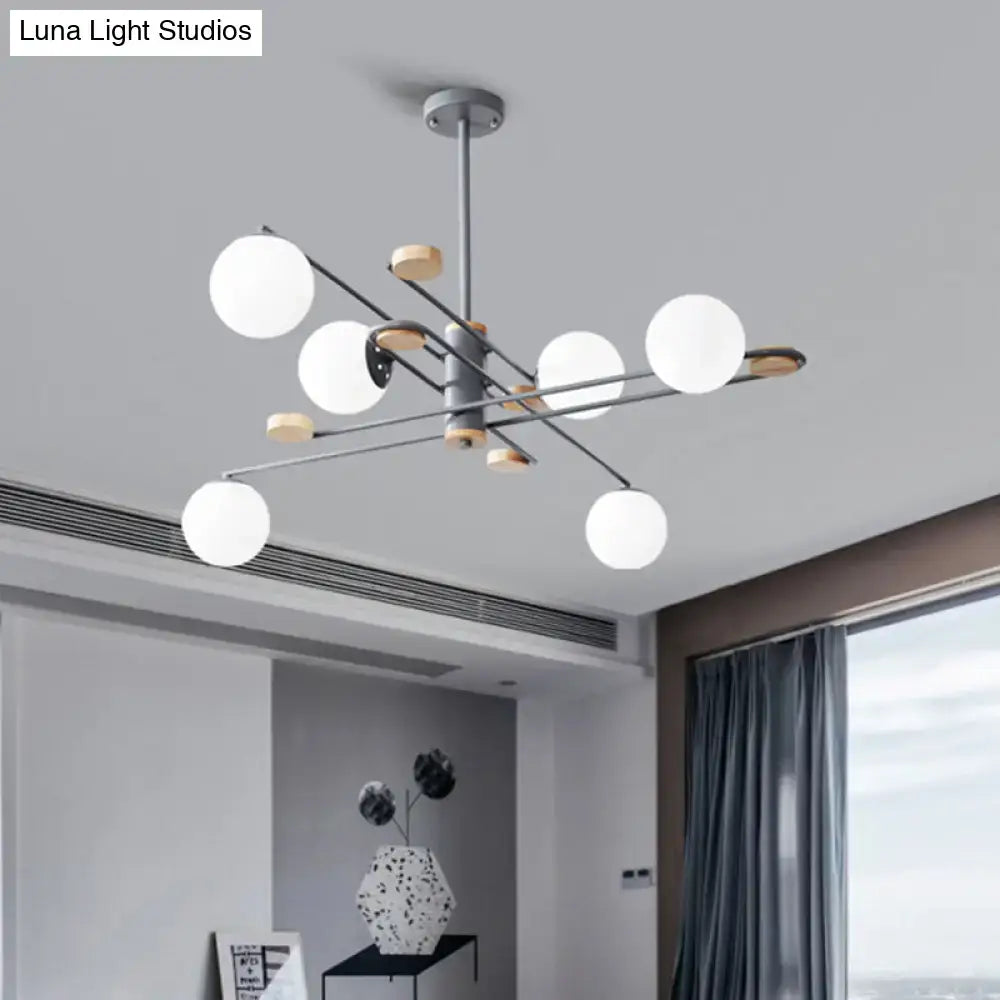 DecorBites™ modern 6-head black grey chandelier with frosted glass shades and light wood accents for living room lighting