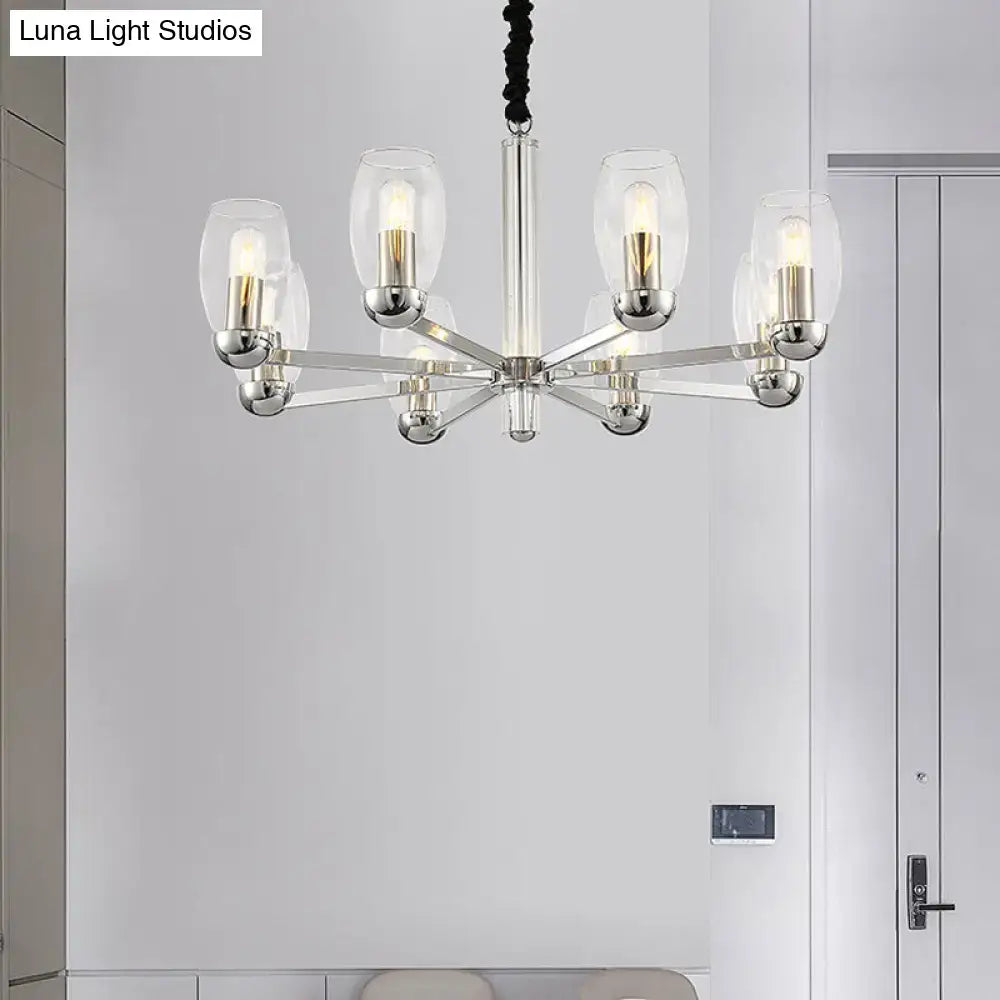 DecorBites™ modern 6-head chrome chandelier with clear glass shades and exposed bulb sockets for ceiling pendant lighting