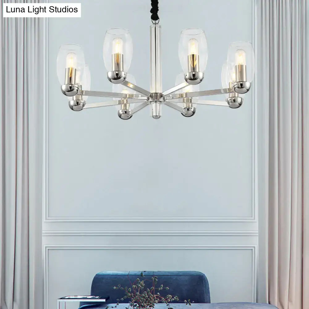 DecorBites modern 6-head chrome chandelier with clear glass shades and exposed filament bulbs ceiling pendant fixture