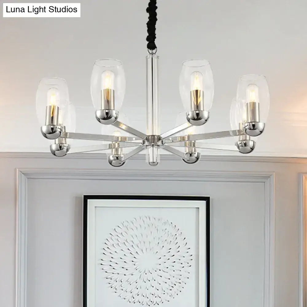 DecorBites™ modern chrome chandelier with six clear glass shades and exposed bulbs for ceiling pendant lighting