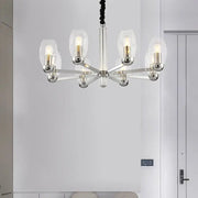 DecorBites™ modern chrome chandelier with six clear glass shades and exposed bulb fixtures for ceiling pendant lighting