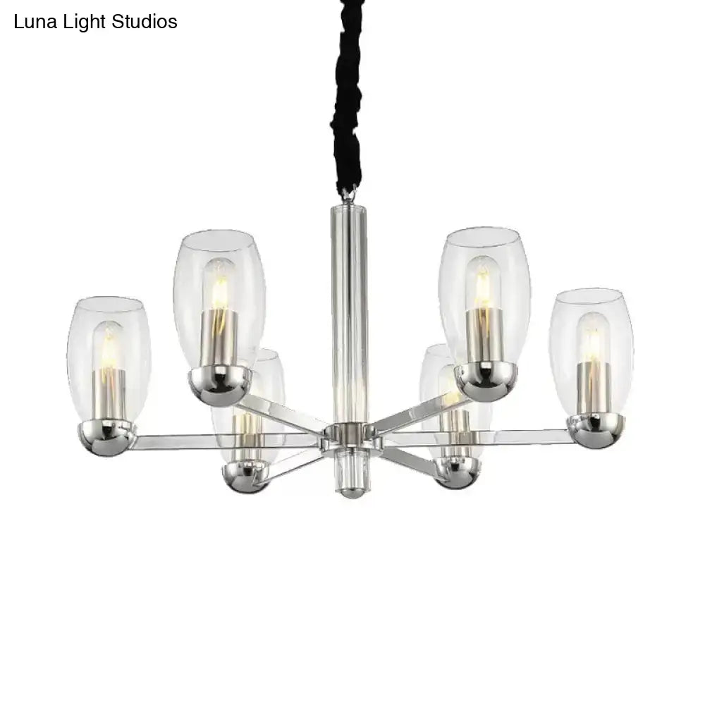 DecorBites™ modern chrome chandelier with six clear glass shades and exposed filament bulbs for ceiling pendant lighting