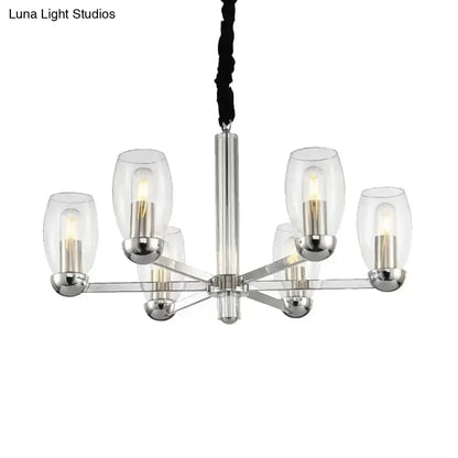 DecorBites™ modern chrome chandelier with six clear glass shades and exposed filament bulbs ceiling pendant fixture