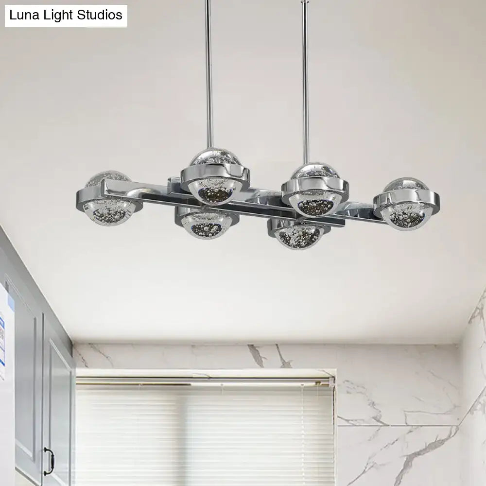 Modern chrome gold led island lamp with six chrome finished heads and seedy crystal glass globes for dining table lighting