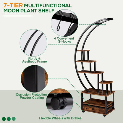 Decorbites modern 71 tall black and rustic wood 7-tier indoor plant stand with s-hooks powder-coated frame and lockable wheels