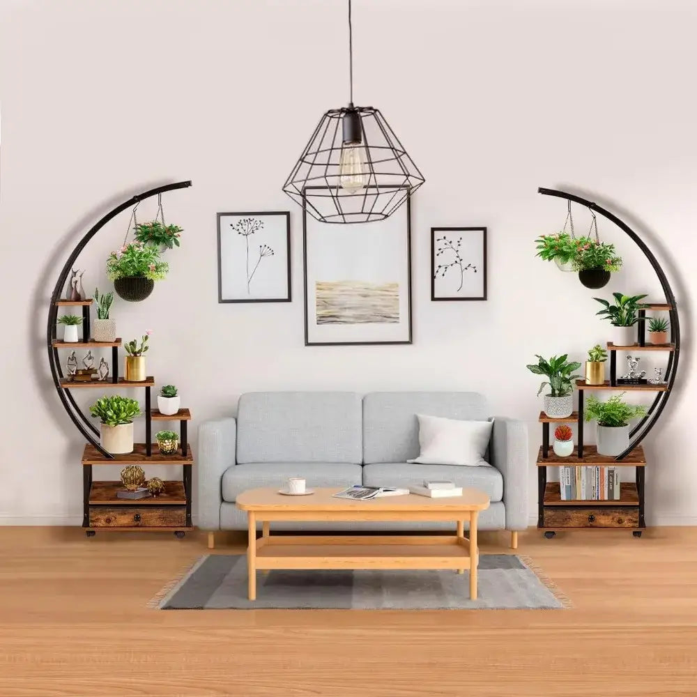 Decorbites™ modern 71 inch tall indoor plant stand with lockable wheels next to a gray upholstered sofa with wooden legs