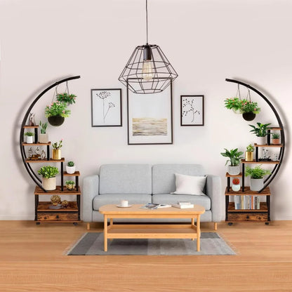 Decorbites™ modern 71 inch tall indoor plant stand with lockable wheels next to a gray upholstered sofa with wooden legs