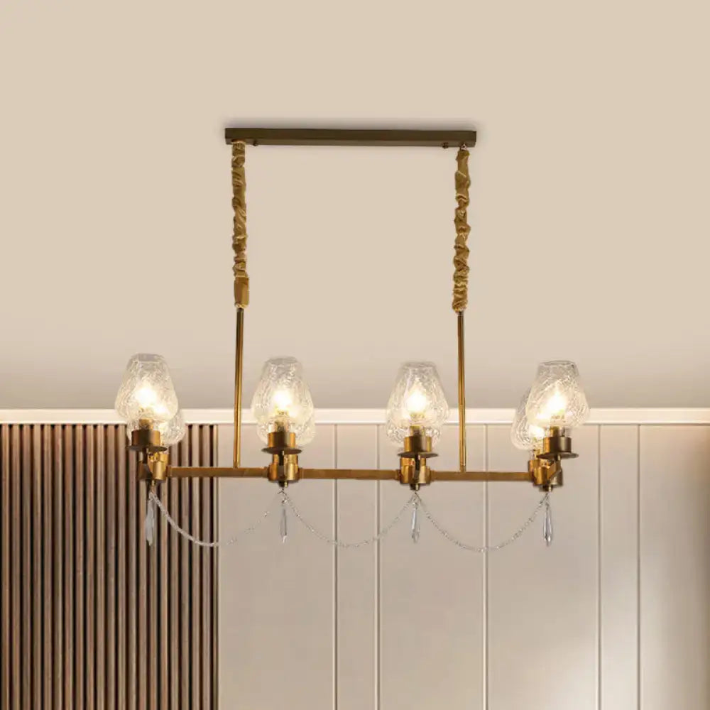 Brass-finished ceiling light DecorBites™ modern 8-light pendant with frosted glass shades and crystal teardrops